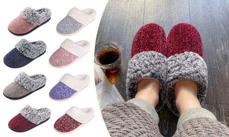 Women Memory Foam Knit Slippers Indoor Ourtdoor House Shoes Faux Fur Scuff Clogs L Medium Chenille Knit-Wine