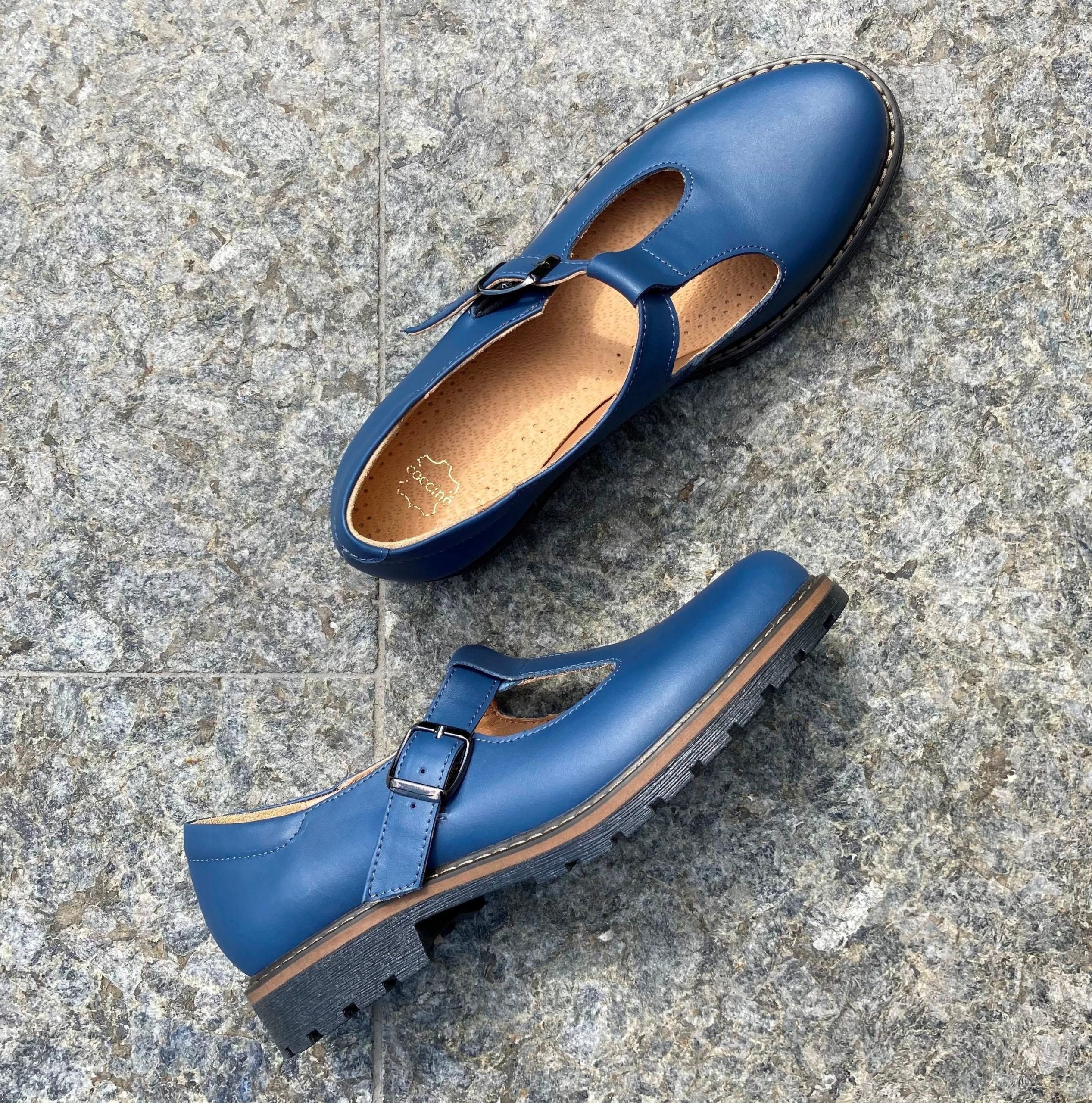 Women Navy Blue Leather Mary Janes Shoes, Mary Jane Shoes