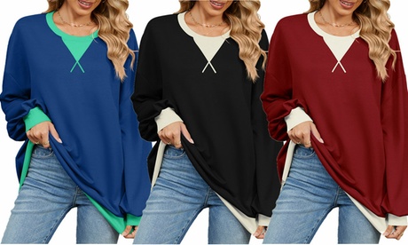 Women Oversized Color Block Long Sleeve Sweatshirt Tunic Top Fall Fashion 2024 XL Black