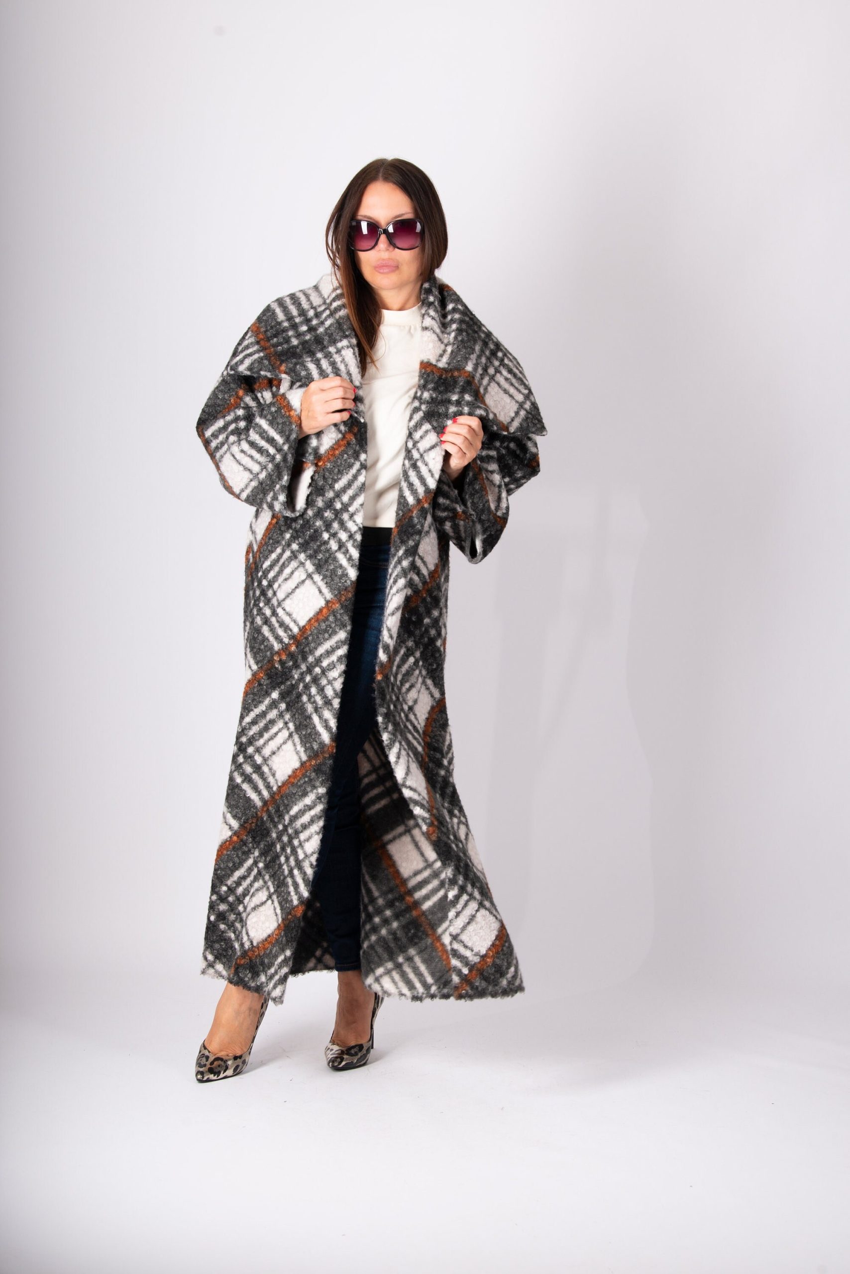 Women Plaid Merino Coat, Wool Winter Long Cape Overcoat, Loose Cape, Plus Size Warm Vest Ofelia - Ve0508Wk