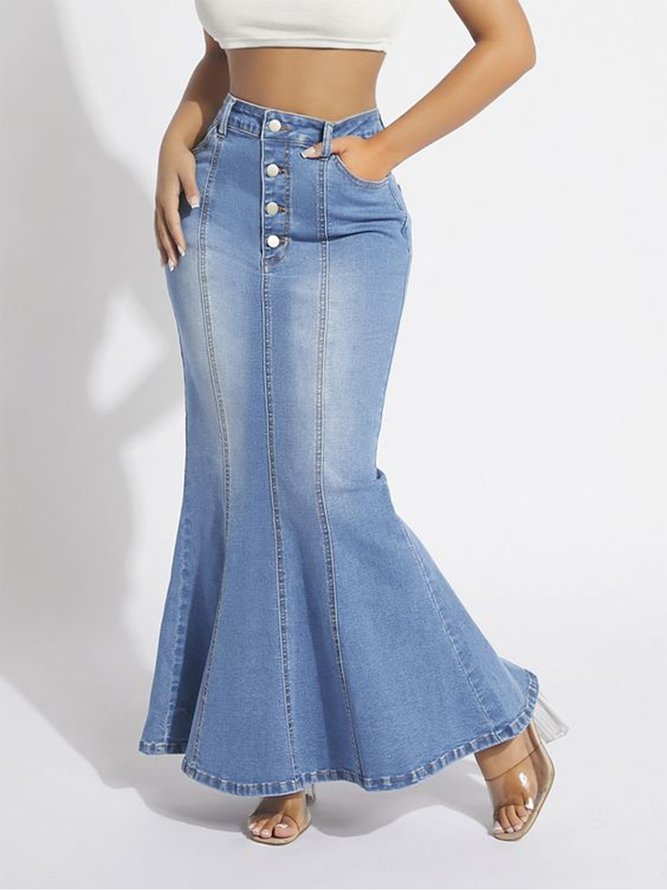 Women Plain Spring/Fall Elegant High Waist Daily Regular Fit Long X-Line Regular Denim Skirts