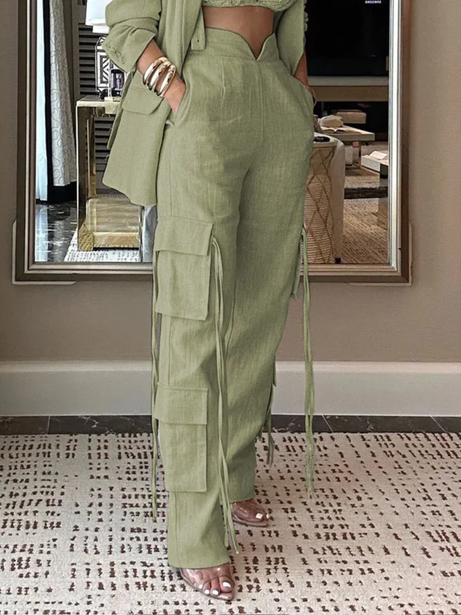 Women Plain Spring/Fall Urban Linen High Waist Cargo pants H-Line Regular Pocket Stitching Cargo Pants