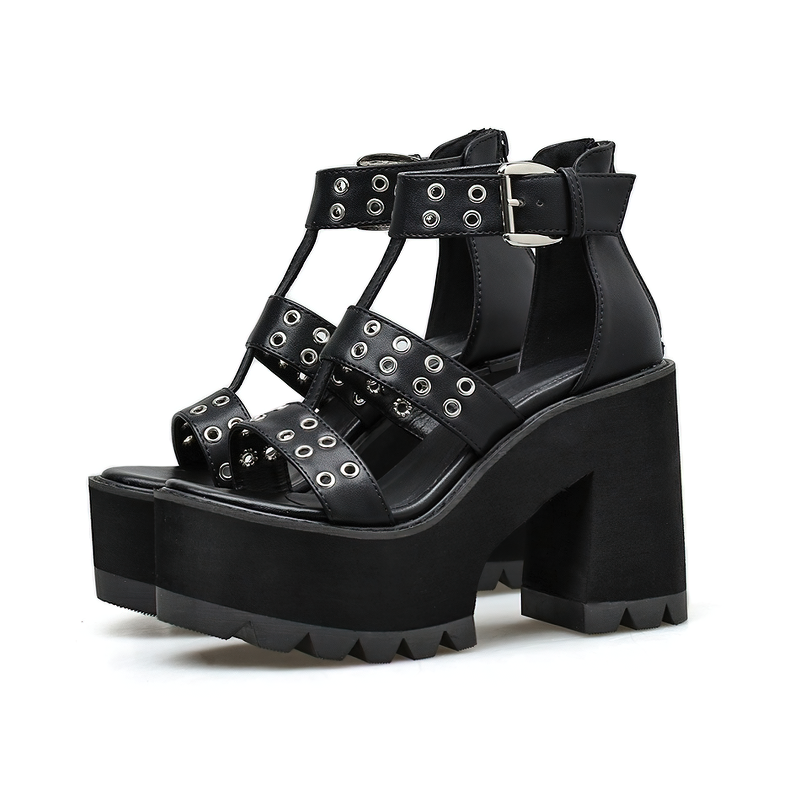 Women Rivet Shoes For Rock Style Parties / Black Heel Platform Sandals Shoes in Alternative Fashion