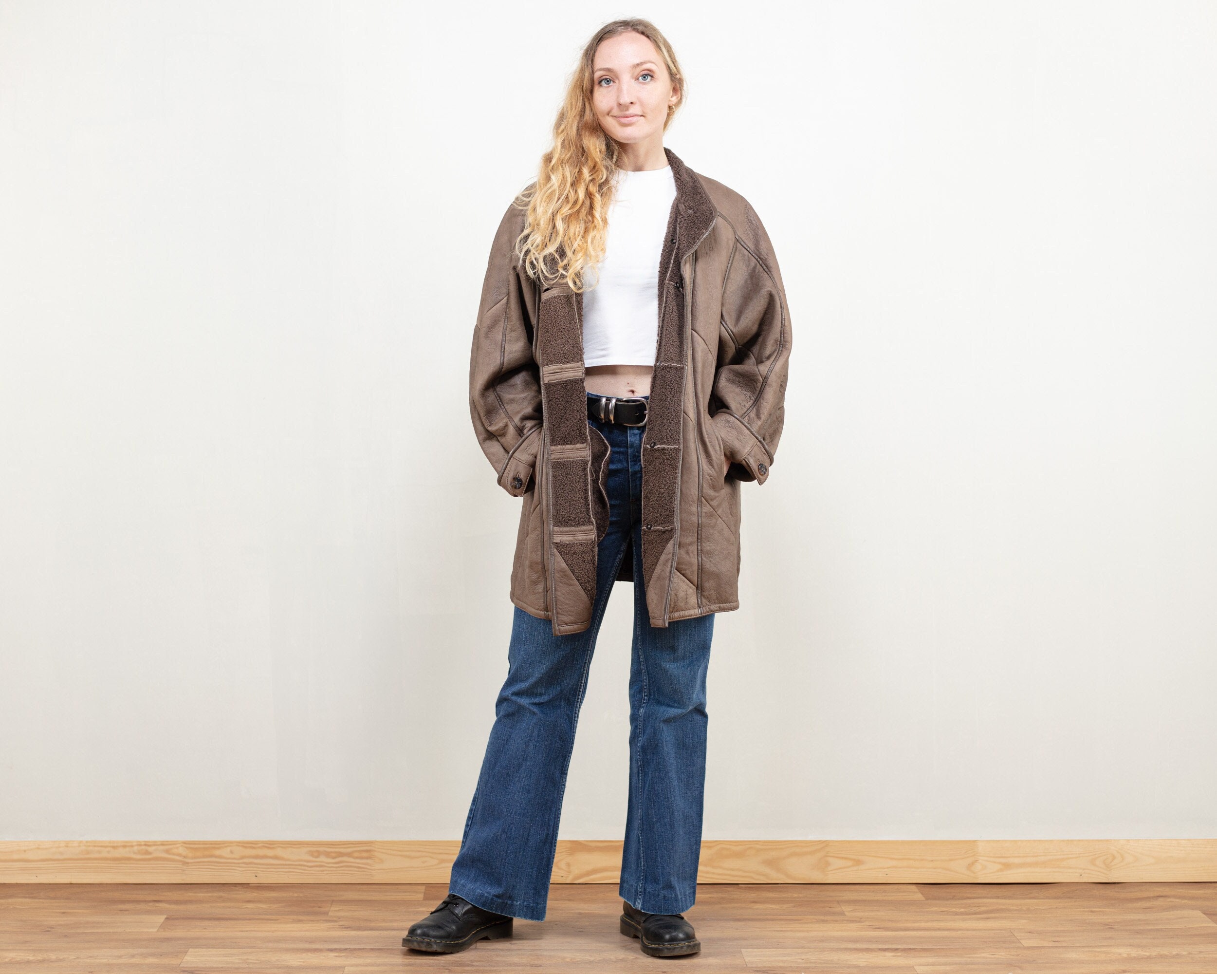 Women Sheepskin Coat Vintage 80S Shearling Taupe Coat Mongolian Collar Women Leather Jacket Shearl Winter Clothing Size Extra Large