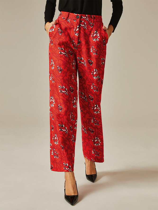 Women Spring/Fall Urban Floral Pattern Polyester Natural Regular Fit Tailored H-Line Regular Pants