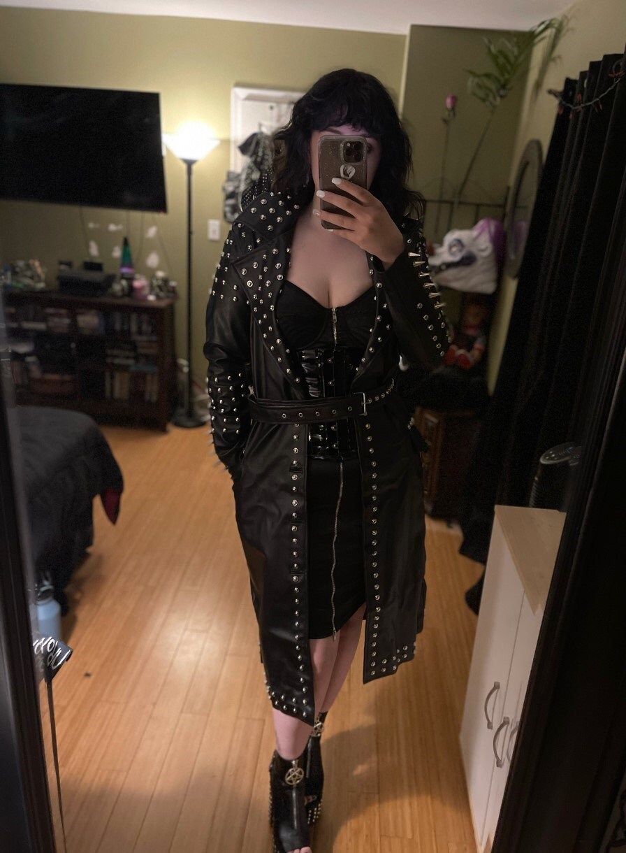 Women Studded Leather Coat, Rock Black Spiked Long Trench, Duster Chester, Belted Trench Coat