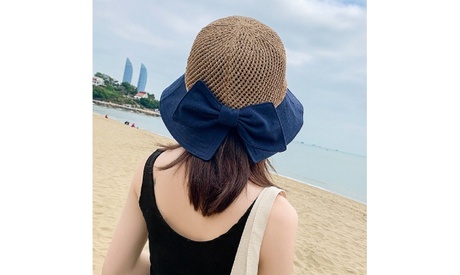 Women Wide Brim Floppy Sun Beach Straw Hat Black