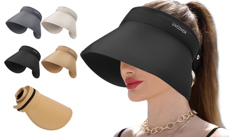 Women Wide Brim Roll-Up Ponytail Summer Sun Visor Hat UV Protection Black One size