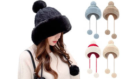 Women Winter Warm Faux Fur Knit Pom Pom Hat Beanie Bobble Ski Fleece Lined White 10.2*7in