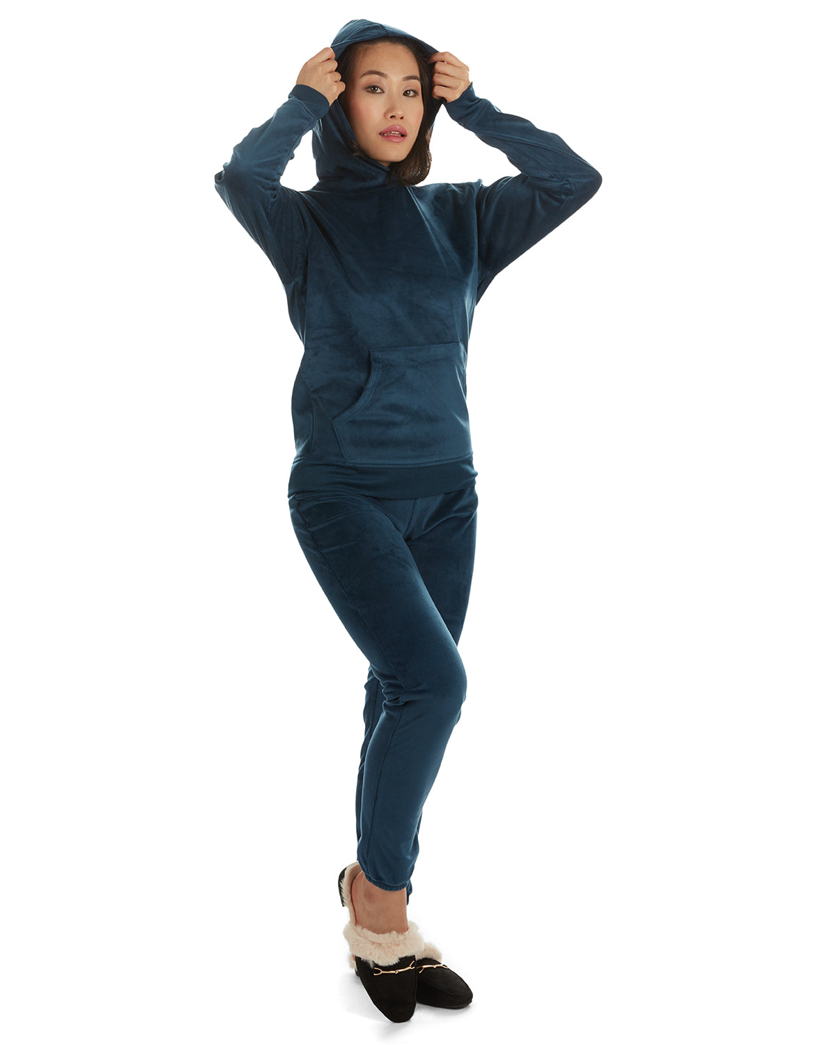 Women's 2 Piece Plush Ribbed Velour Hooded Sweatshirt Set