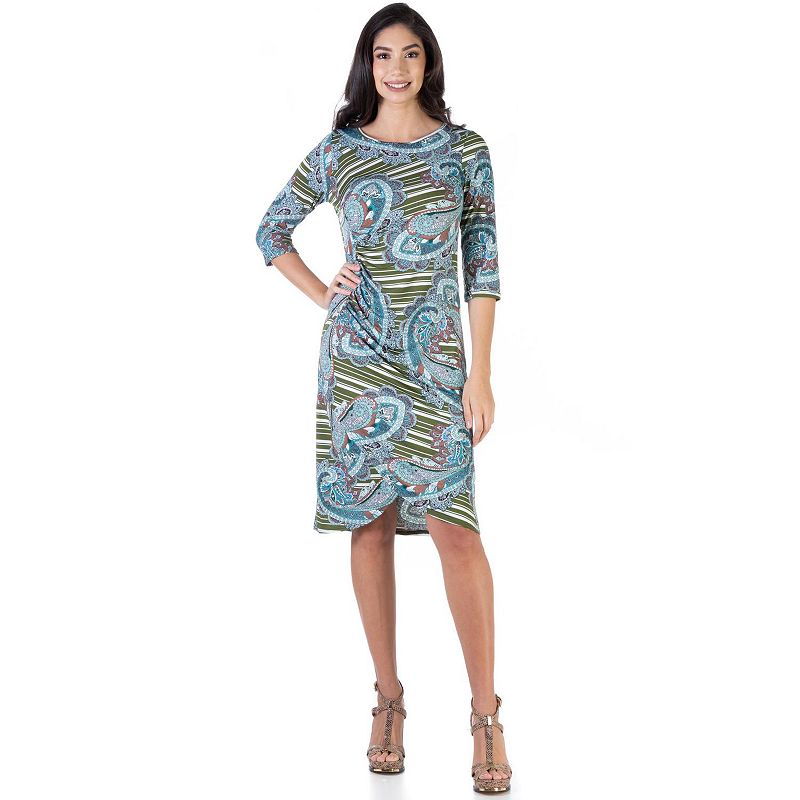 Women's 24Seven Comfort Apparel Floral Elbow Sleeve Ruched Tulip Skirt Knee Length Dress, Size: Small, Green Blue