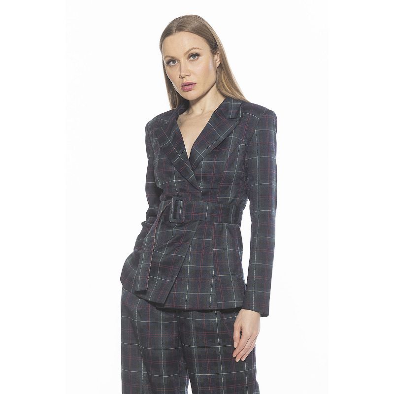 Women's ALEXIA ADMOR Janna Plaid Longline Blazer With Belted Waist, Size: 8, Green Plaid