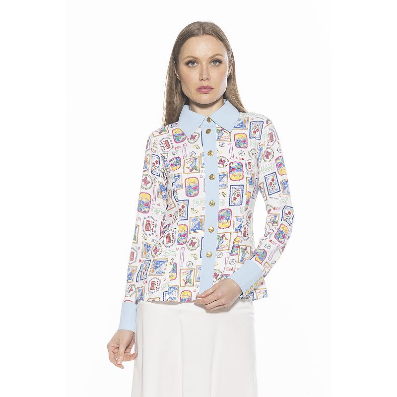 Women's ALEXIA ADMOR Leland Collared Button Down Shirt With Wide Cuff, Size: 12, Ivory Postcard