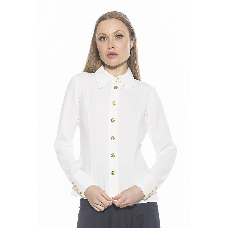 Women's ALEXIA ADMOR Leland Collared Button Down Shirt With Wide Cuff, Size: 4, Ivory