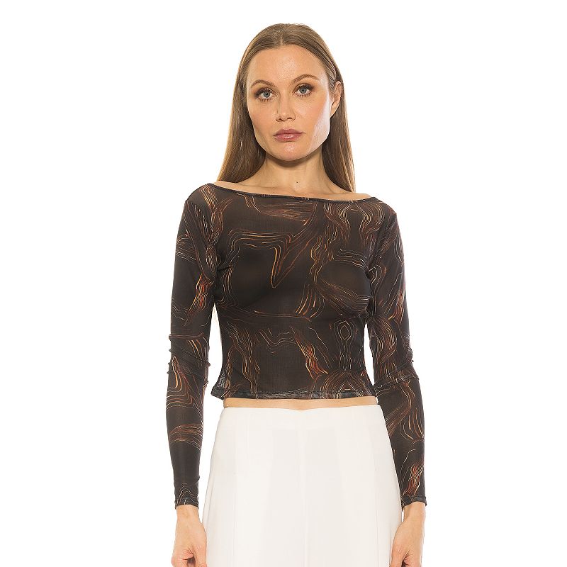 Women's ALEXIA ADMOR Opal Boatneck Sheer Mesh Long Sleeve Top, Size: XL, Black Abstrast