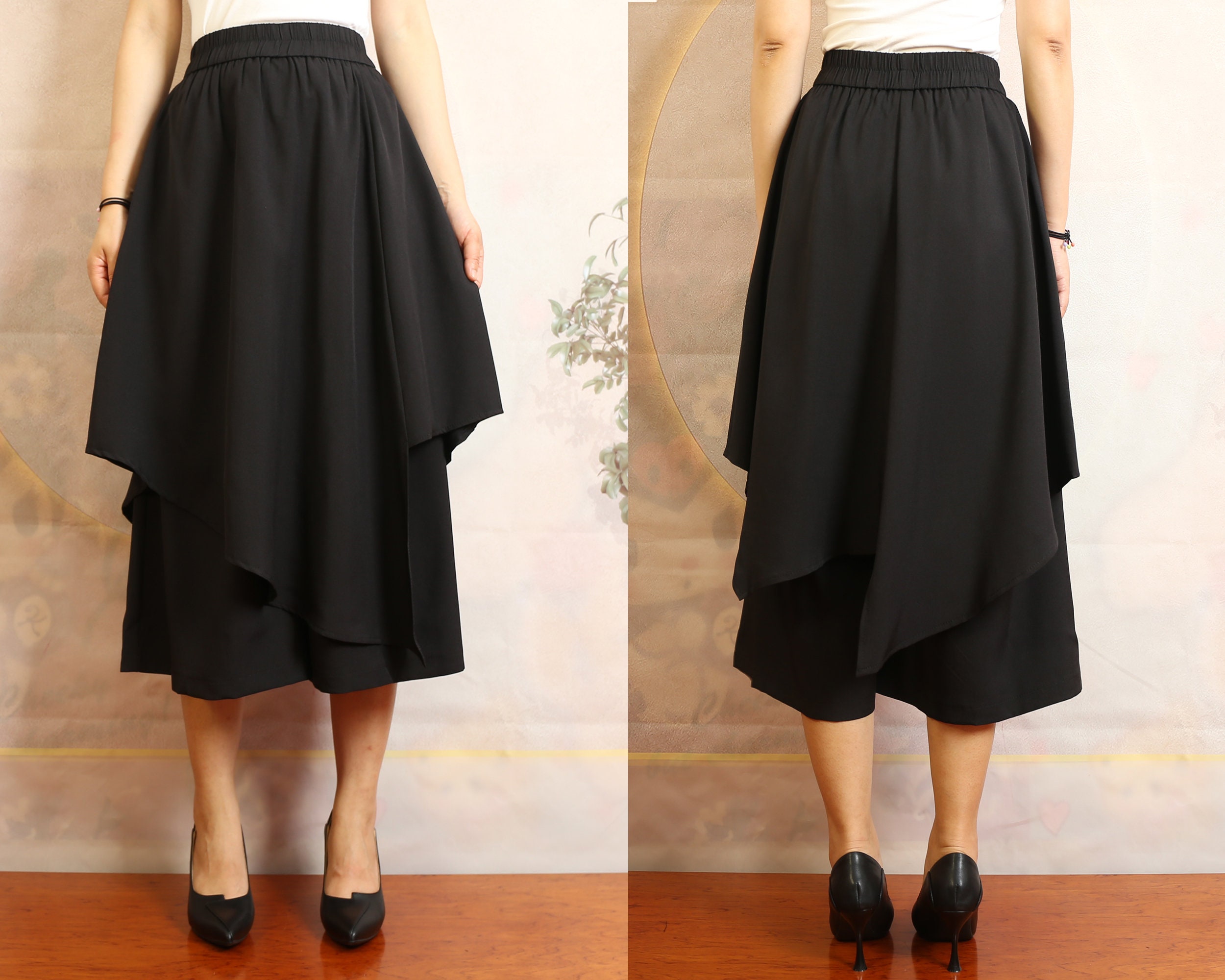 Women's Asymmetrical Pants/Elastic Waist Skirt Pants/Cropped Pants/Yoga Pants/Black Pants/Oversized Pants/Trousers(K1058