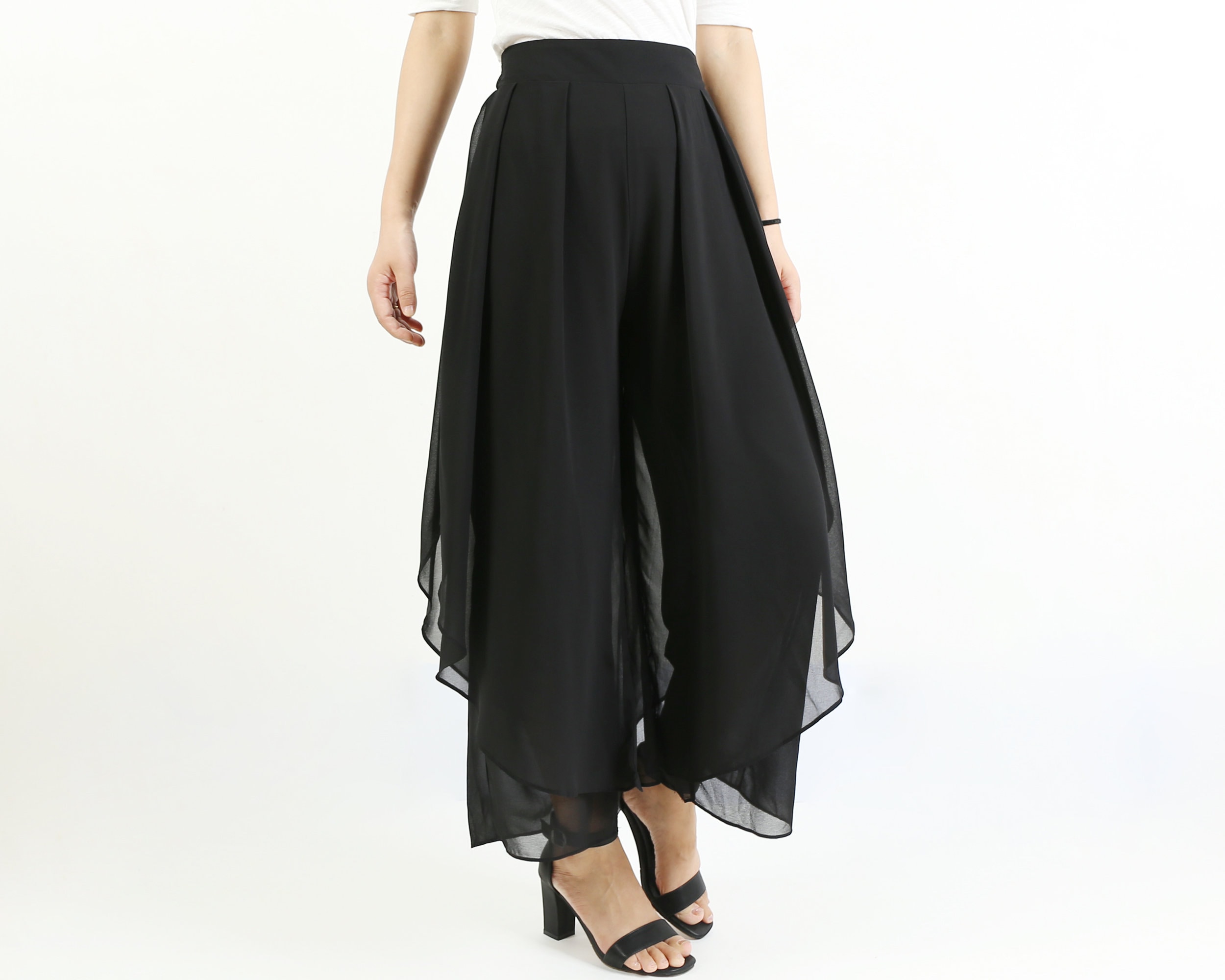 Women's Asymmetrical Skirt Pants, Wide Leg Chiffon Elastic Waist Trousers, High Light Weight Pants(K1008