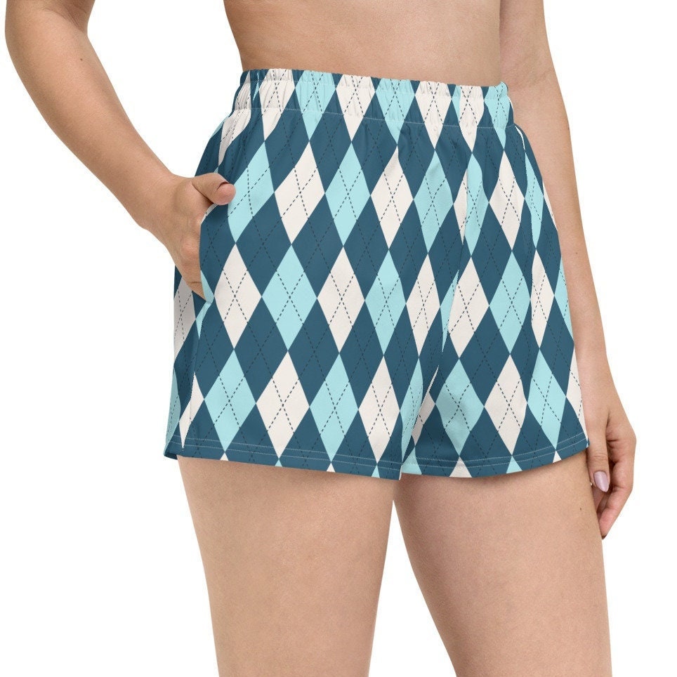 Womens Athletic Shorts - Classic Diamond Golf Pattern #1 Teal White Cyan Blue Green Golfer Sport Summer Fashion Activewear Gift