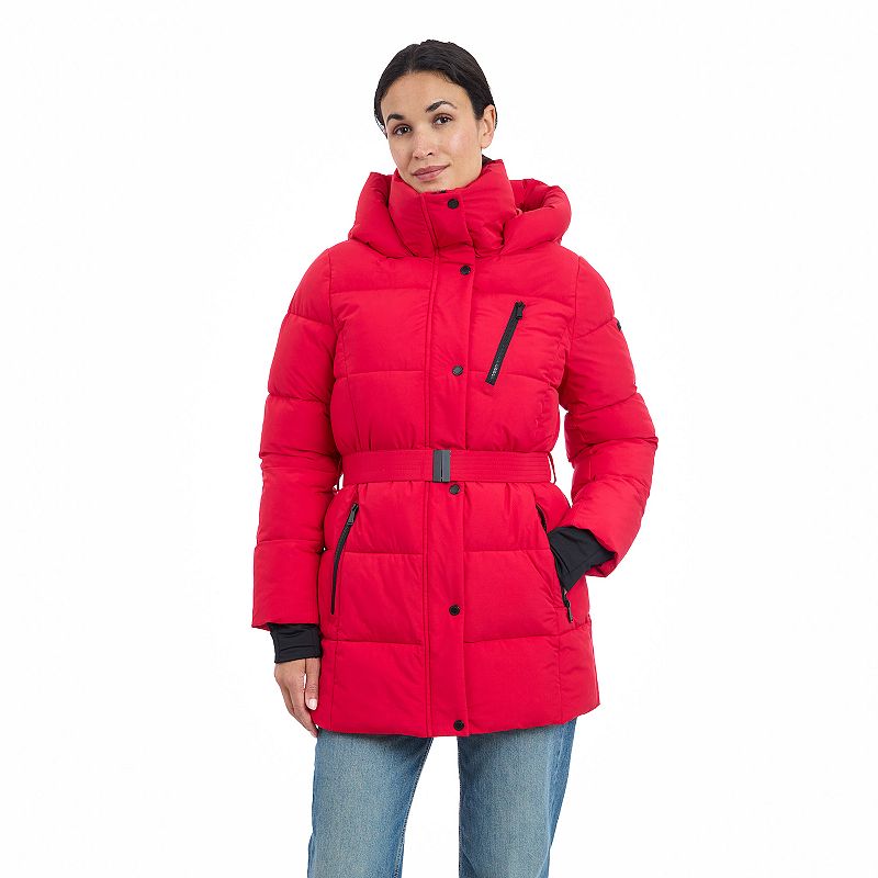 Women's BCBGeneration Belted Snap Front Active Puffer Coat, Size: Small, Red