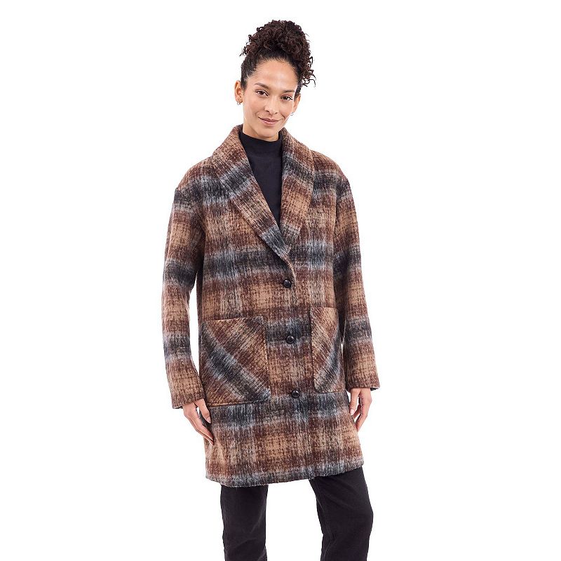 Women's BCBGeneration Faux-Wool Shawl Collar Coat, Size: Large, Brown Plaid