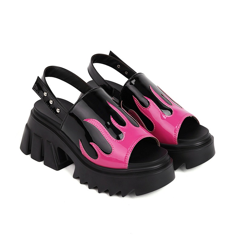 Women's Black Patent Leather Platform Sandals With Pink Flame Pattern / Ladies Peep-Toe Shoes