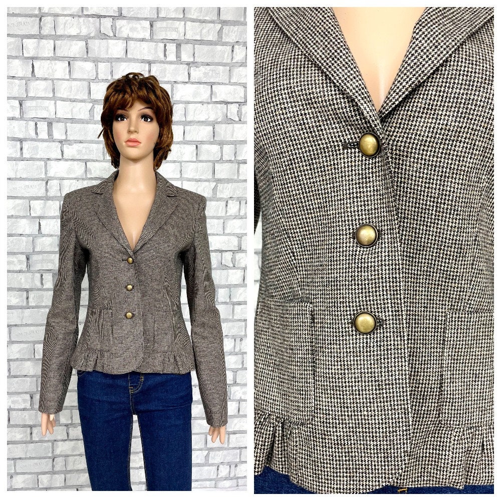 Womens Blazer S Houndstooth Jacket Tweed Brown Jacket Riding Fitted