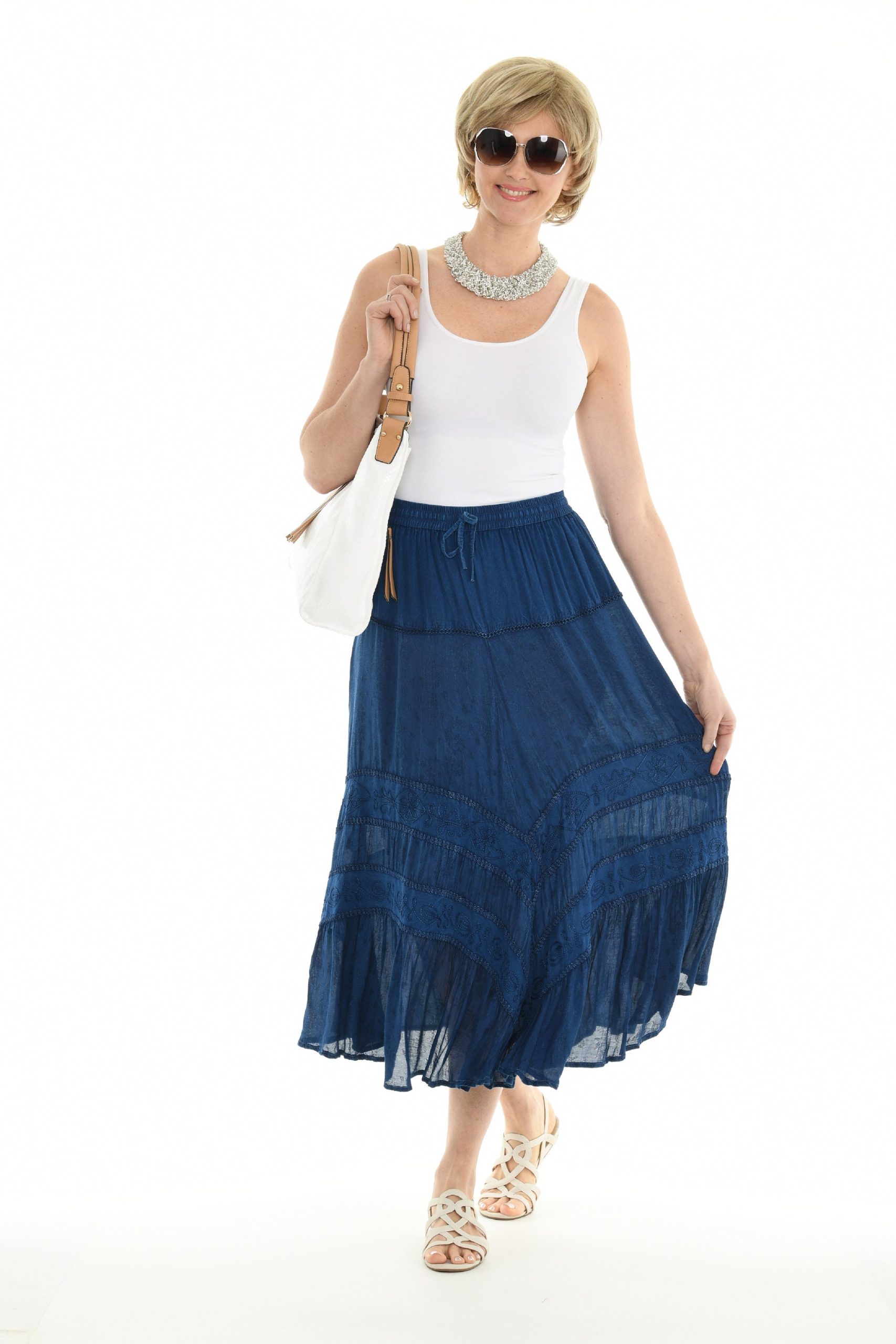 Women's Boho Elastic High Waist Tiered Embroidered Skirt, Plus Size Peasant Swing Maxi A-Line Long Festival Wear