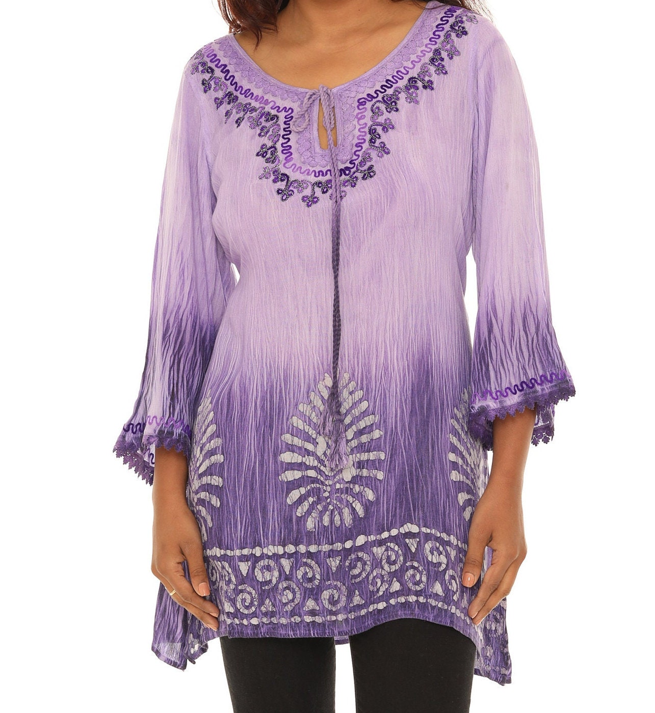 Women's Boho Embroidered Tie-Dye 3/4 Sleeves Tunic Top, Plus Size Top Blouse, Casual Spring Fall Summer Wear, Women Everyday Clothing