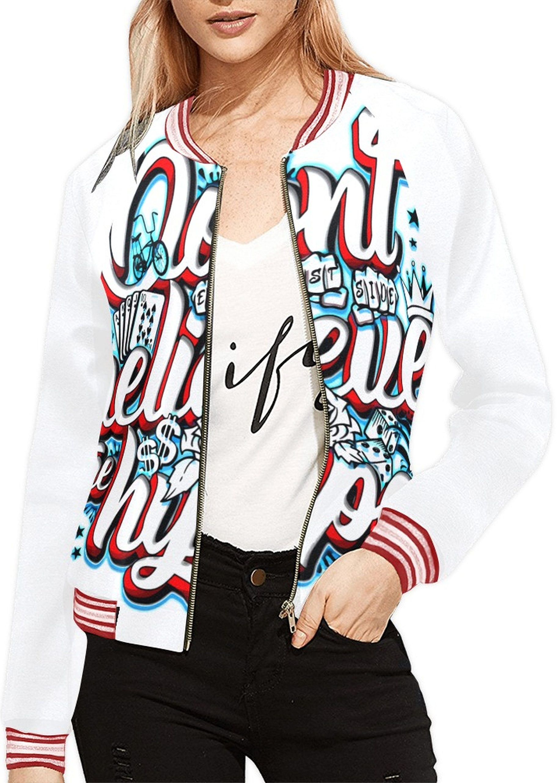 Women's Bomber Jacket Graffiti Sprayer Cool Streetwear Printed All Over Xxl Xl L M S Xs