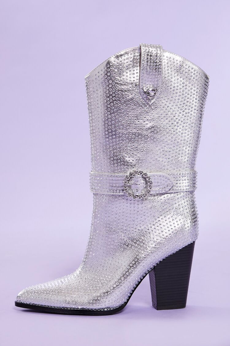 Women's Buckled Rhinestone Cowboy Boots in Silver, 7