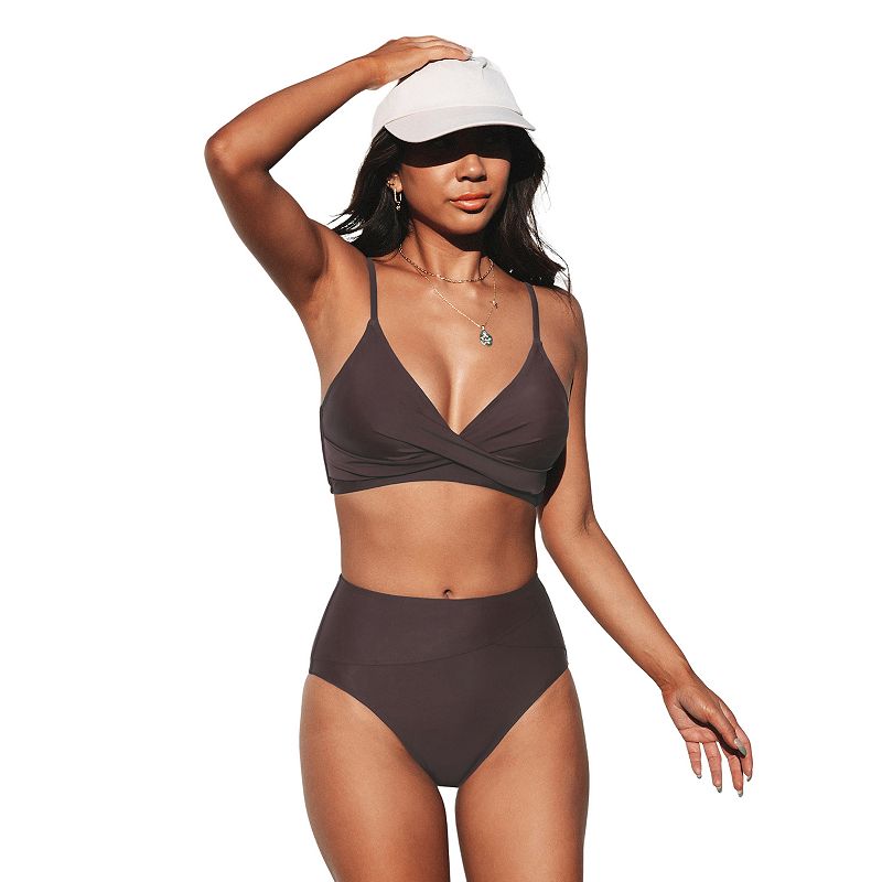 Women's CUPSHE V-Neck Wrap Twist Top & High Waisted Bottoms Bikini Set, Size: Small, Brown