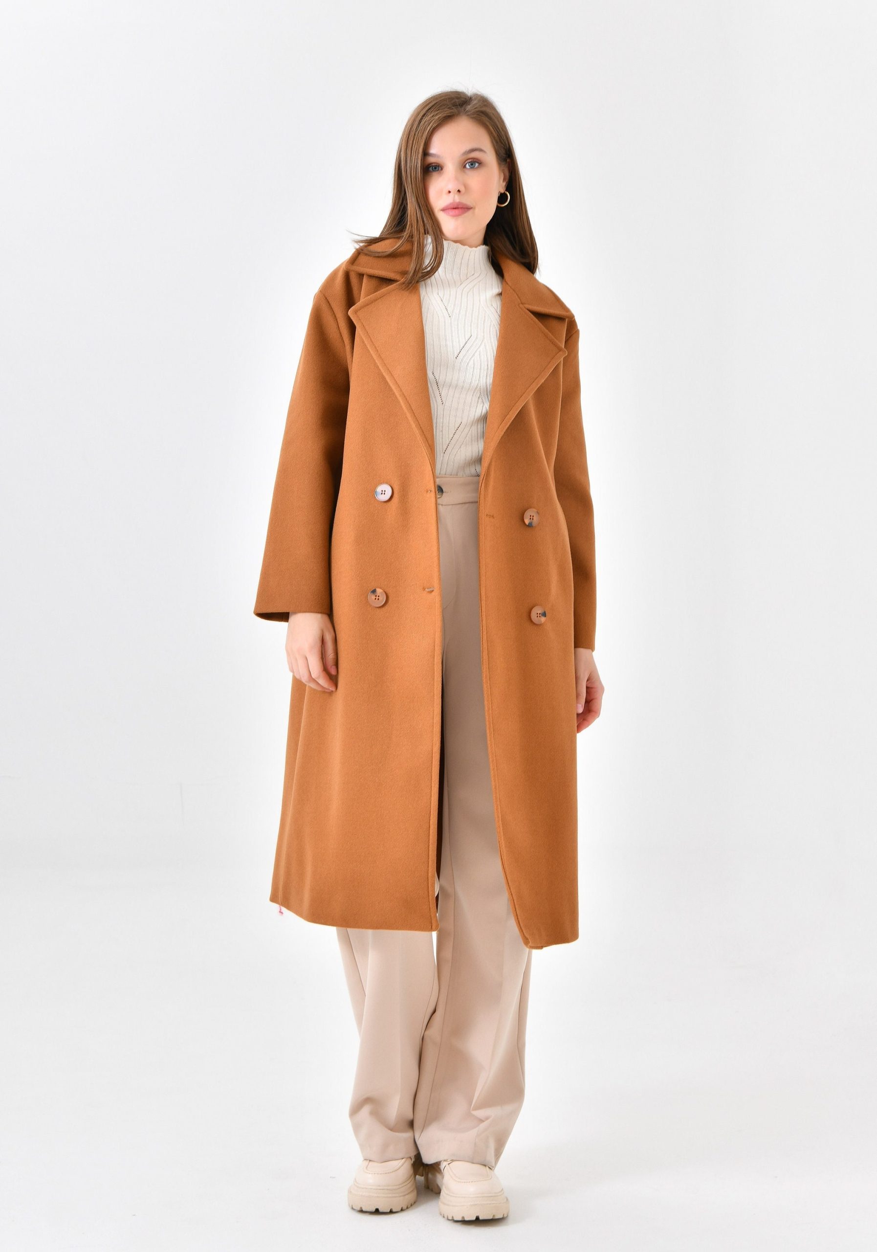 Women's Camel Oversize Long Coat, Wool Coat Women, Wool Wrap Womens Coat With Belt, Elegant By Divesse