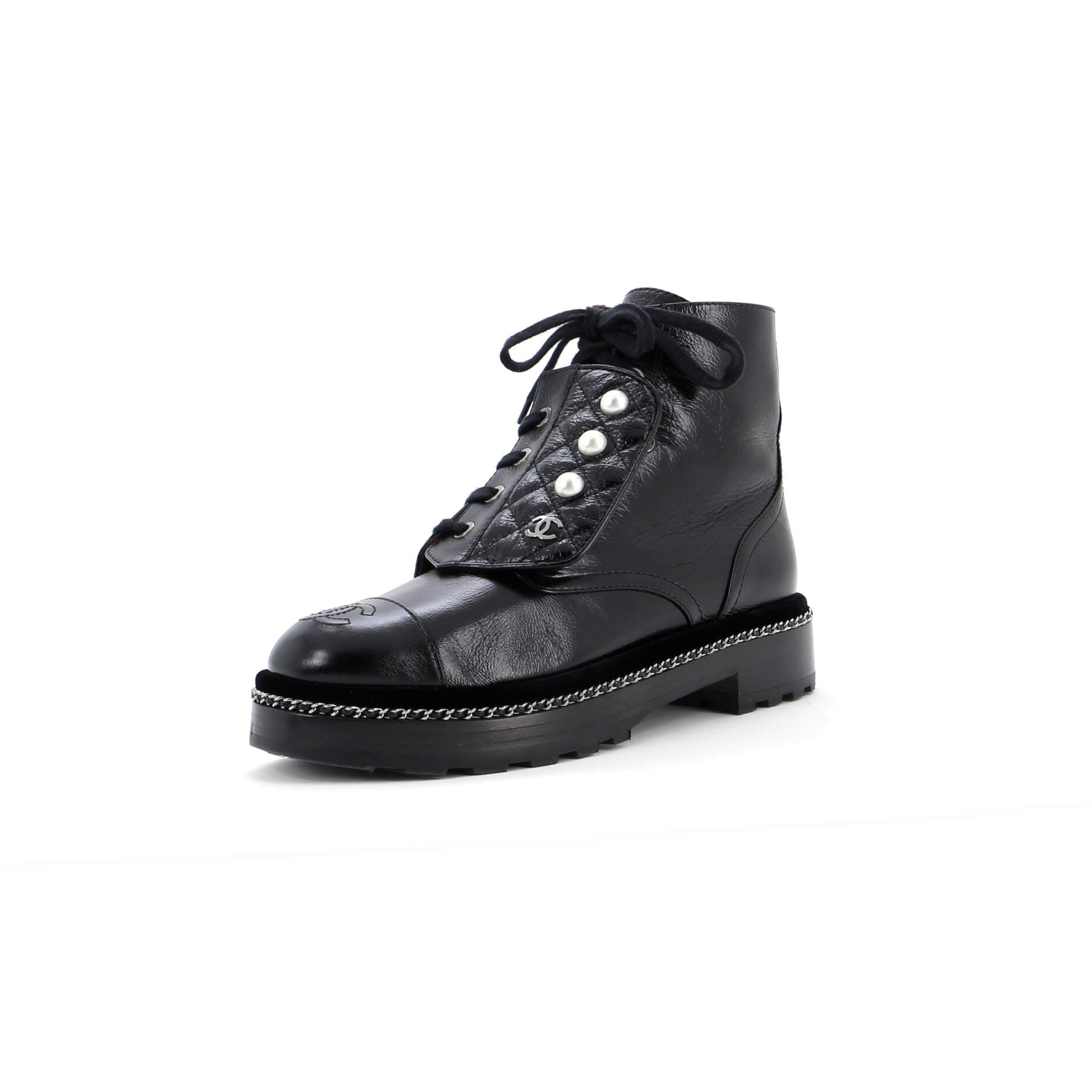 Women's Cap Toe CC Chain Around Pearl Combat Boots Leather