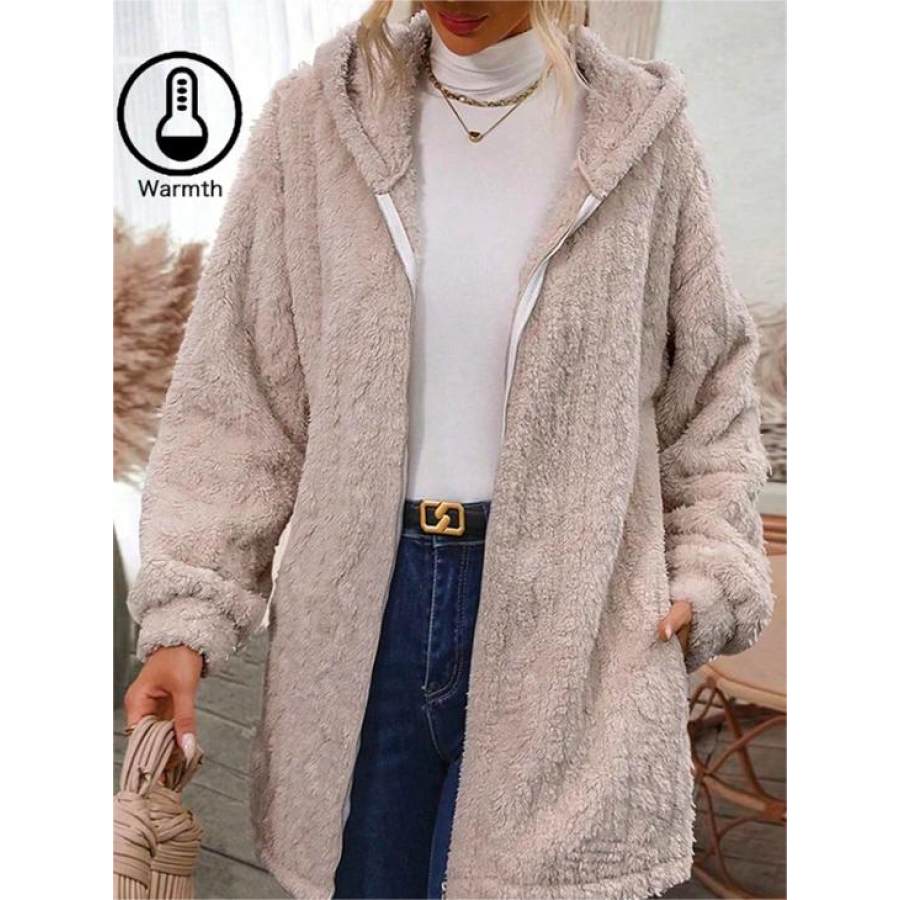 Women's Casual Coral Warm Velvet Hooded Zipper Mid-length Sweatshirt Coat