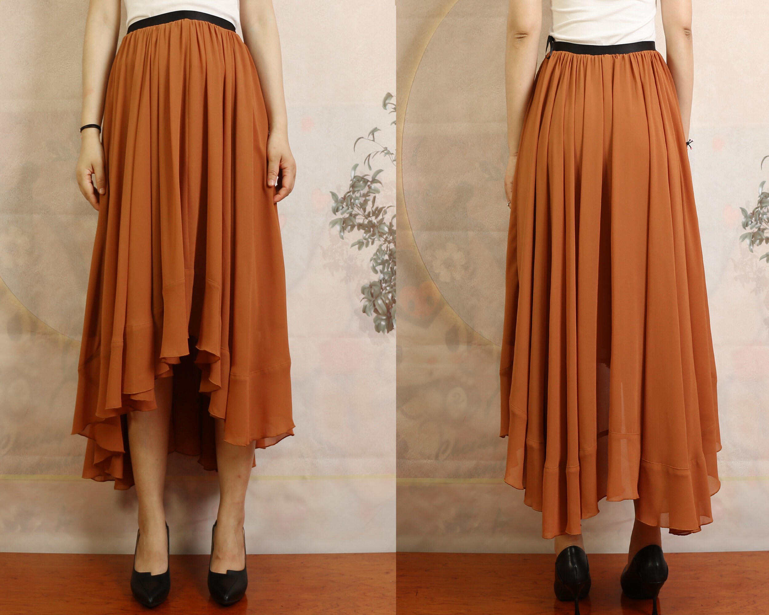 Women's Chiffon Skirt, Asymmetrical Elastic Waist Summer Customized Dark Blue Skirt(Q1009