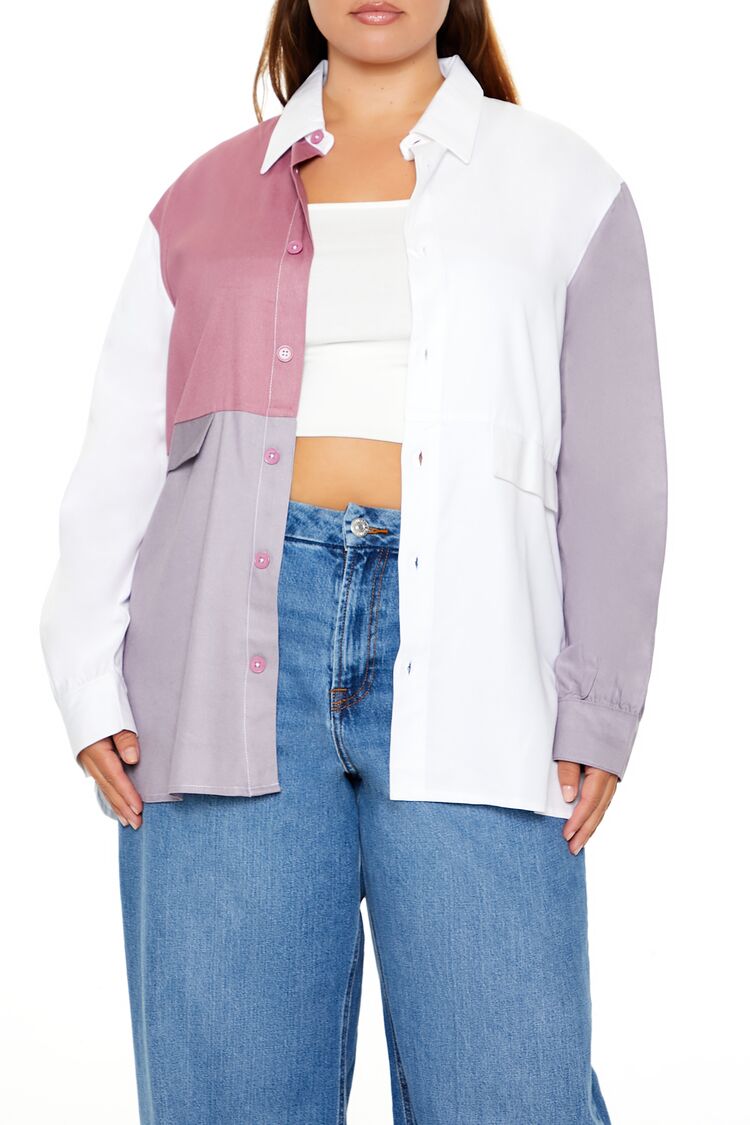 Women's Colorblock Shacket in Pink, 1X