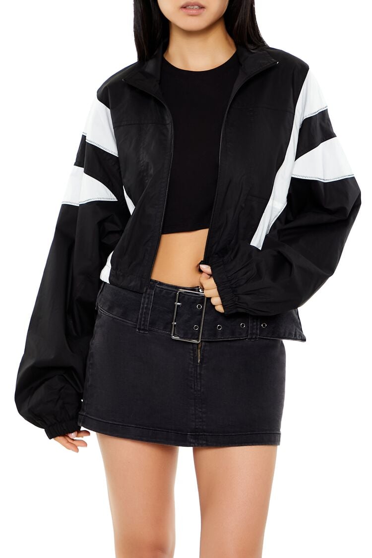 Women's Colorblock Windbreaker Jacket in Black/White Small