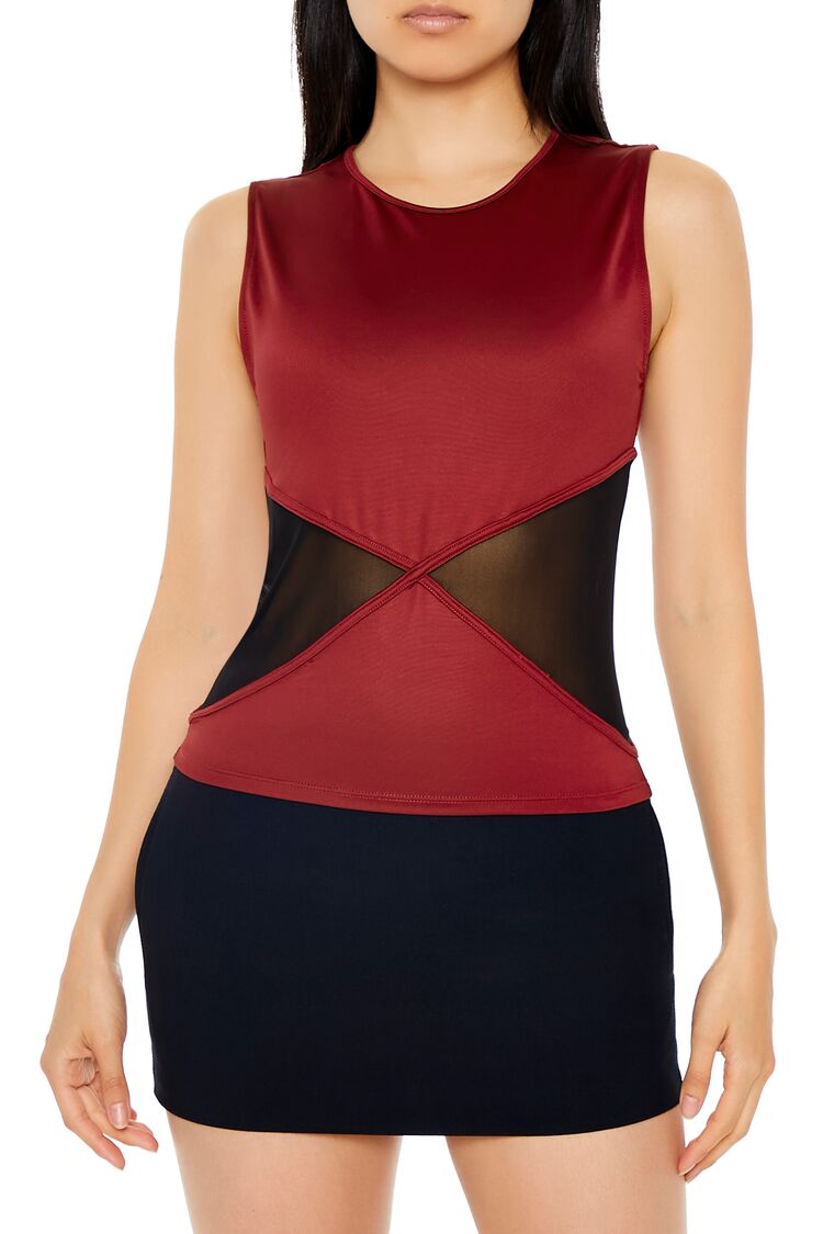 Women's Contour Sculpt Mesh Top in Burgundy/Black Small