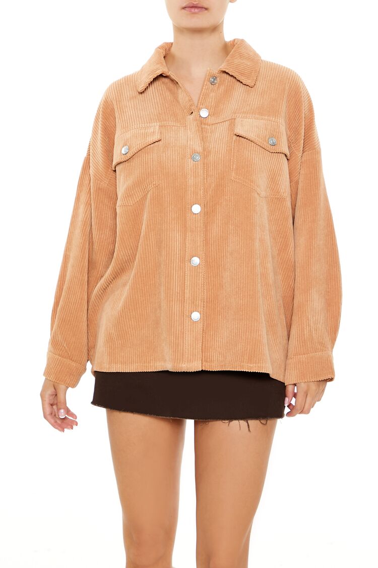 Women's Corduroy Longline Shacket in Camel Medium