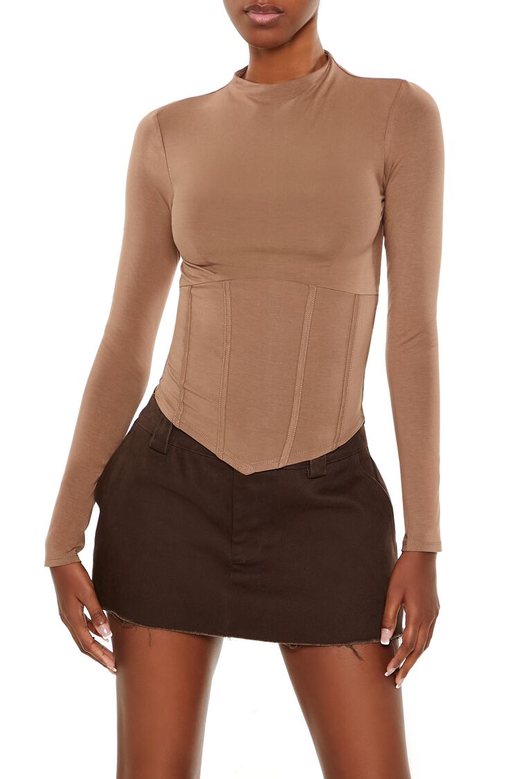 Women's Corset High-Neck Top in Taupe, XS