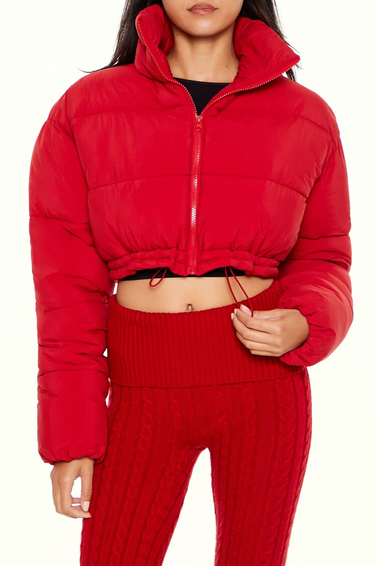 Women's Cropped Puffer Jacket in Dark Red Small