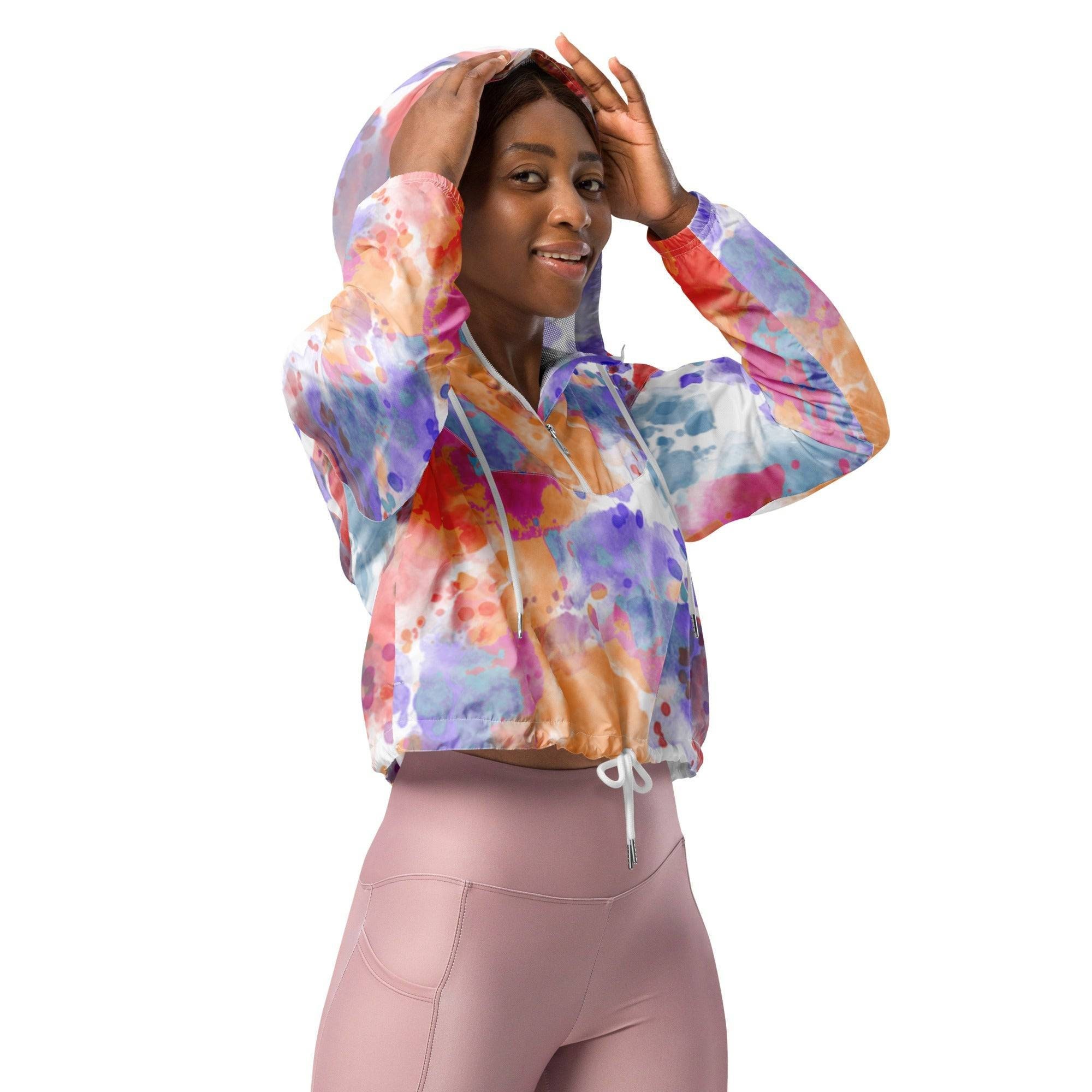 Womens Cropped Windbreaker Jacket Tie Dye Watercolor Pastel, Printed Rain Jacket, Activewear, Outwear, Running, Walking