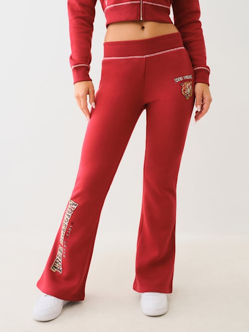 Women's Crystal Tiger Flared Sweat Pant | Red Dahlia | Size Large | Cotton Blend | True Religion