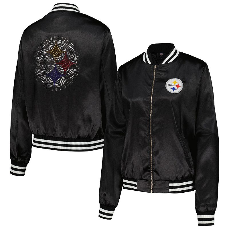 Women's Cuce Black Pittsburgh Steelers Rhinestone Full-Zip Varsity Jacket, Size: Medium