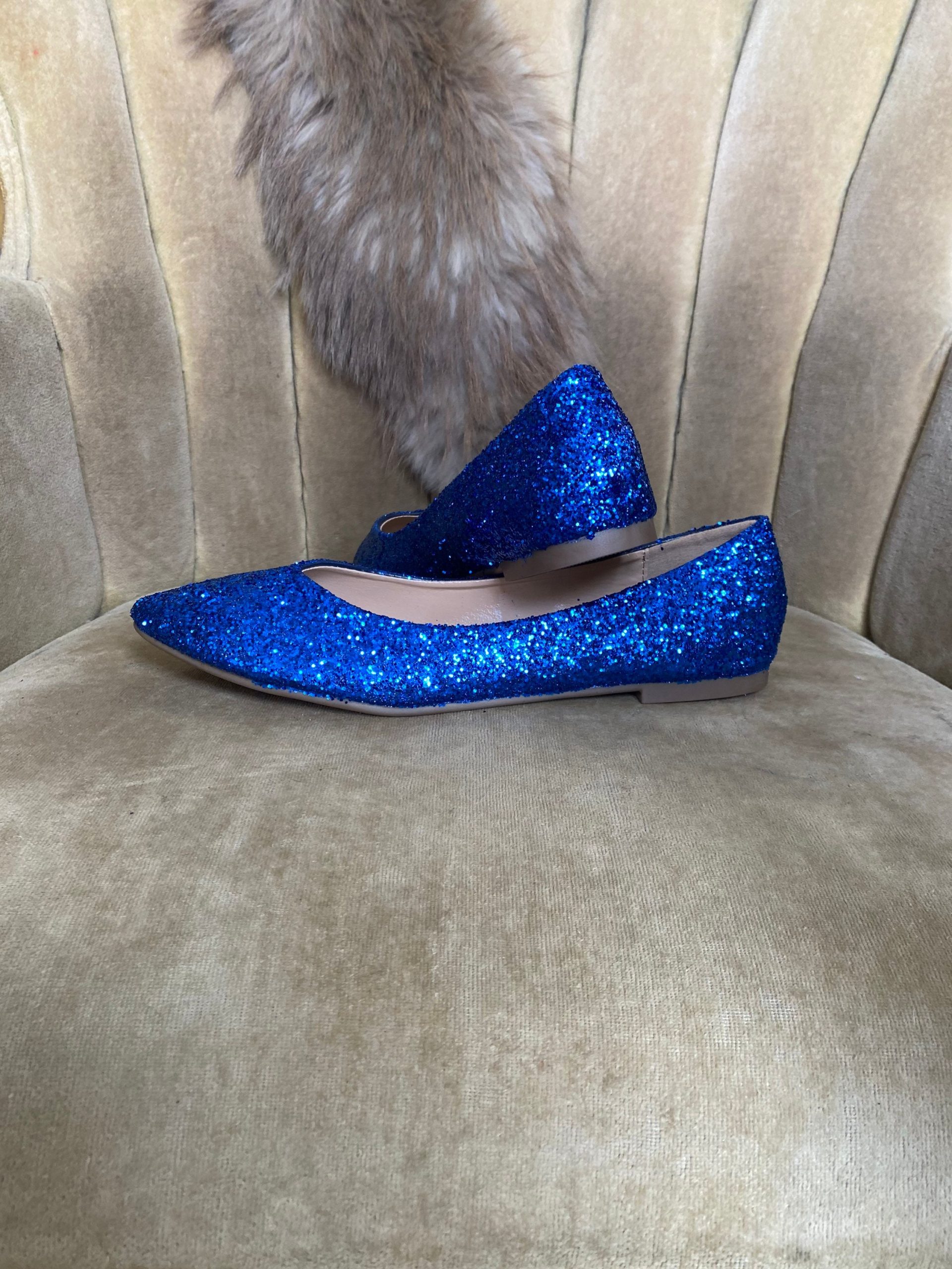 Women's Custom Made To Order Blue Glitter Ballet Flats. Pointed Toe, Glitter Slip On Shoes