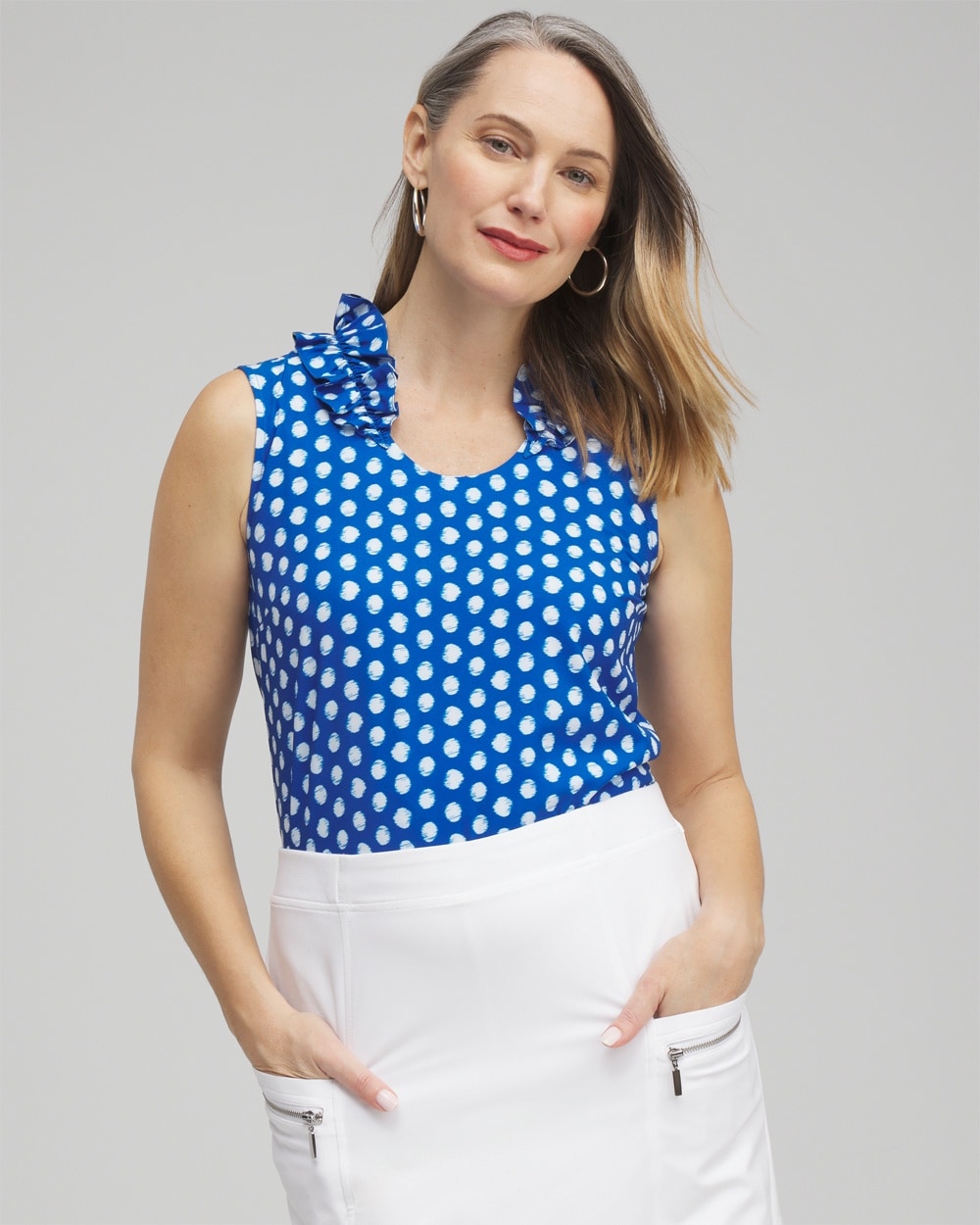 Women's Dot Ruffle Tank Top in Blue size 0 | Chico's Zenergy Activewear, UPF Sun Protection