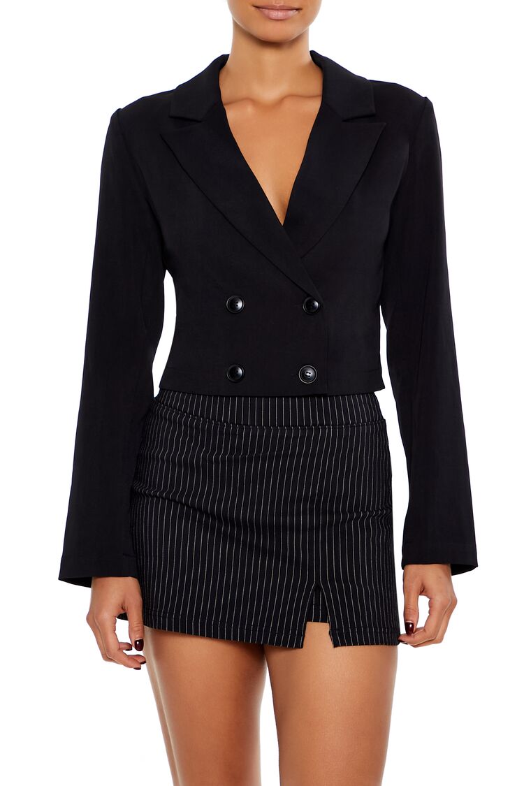 Women's Double-Breasted Cropped Blazer in Black, XL