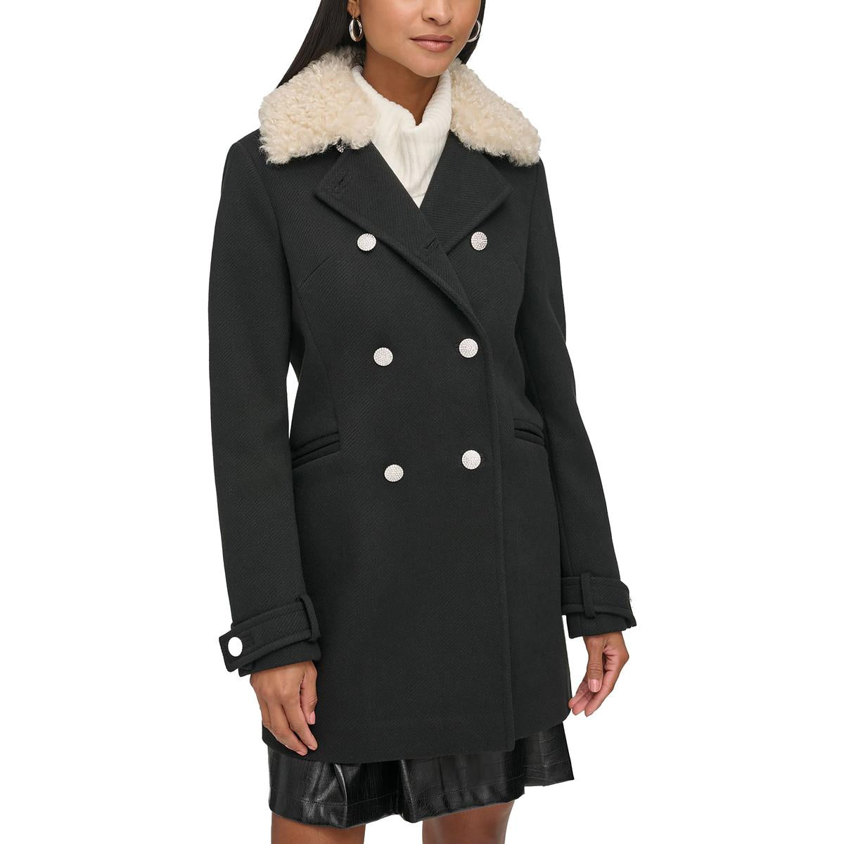 Womens Double Breasted Faux Fur Collar Pea Coat