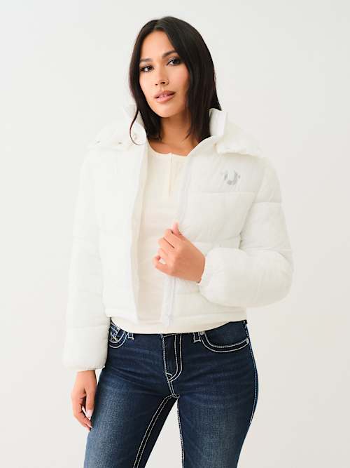 Women's Double Collar Puffer Jacket | White | Size Small | True Religion