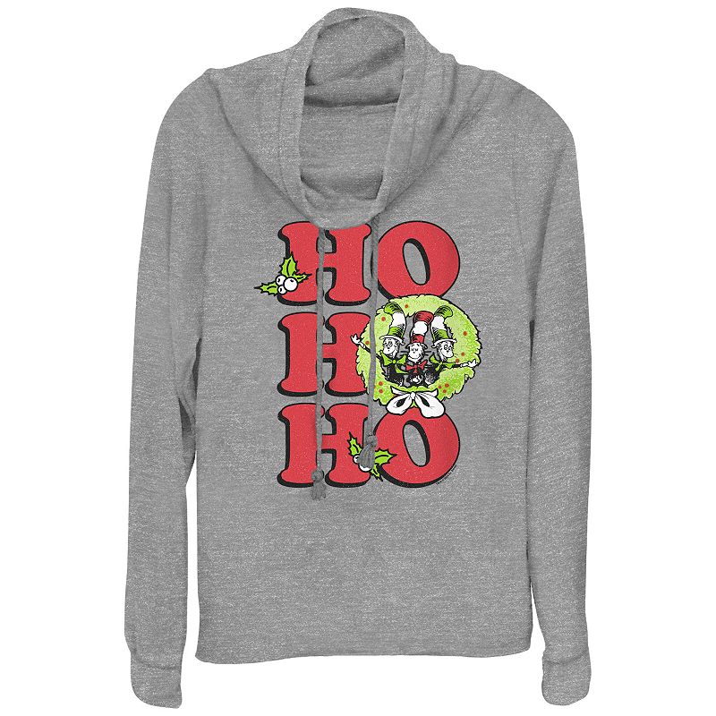 Women's Dr. Seuss The Cat In The Hat Christmas Wreath Ho Ho Ho Cowlneck Graphic Lightweight Long Sleeve, Size: XS, Gray Grey